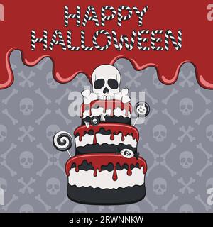 Happy Halloween card with cake, skull, candy. Color vector illustration. Stock Vector
