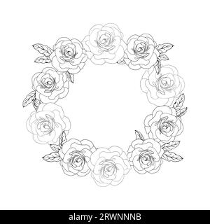 Vintage card with camellia flowers. Floral wreath. Sketched circle wreath, floral and herbs garland with camellia flower. Summer floral rose greeting Stock Vector