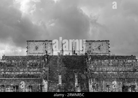 Mayan Chac Mool statue as sacrifice altar and Temple of the Warriors, Chichen Itza, Mexico. Stock Photo