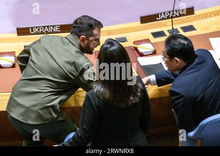 New York, USA. 20th Sep, 2023. Ukrainian President Volodymir Zelenskyy (L) shakes hands with Japanese Prime Minister Fumio Kishida as he arrives to a special session of the United Nations Security Council during the 78th UN General Assembly at the UN headquarters. Credit: Enrique Shore/Alamy Live News Stock Photo
