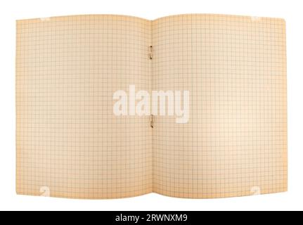 An unfolded checkered notebook on a white background. Sheet. Squared paper Stock Photo