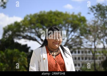 DF - BRASILIA - 20/09/2023 - BRASILIA, JUDGMENT AT THE STF OF MARCO TEMPORAL - The president of FUNAI JOENIA WAPICHANA is seen arriving at the session of the Federal Supreme Court to evaluate the constitutionality of laws that limit the ability of indigenous peoples to obtain protection status for ancestral lands, in Brasilia, Brazil, on August 30, 2023. Photo: Mateus Bonomi/AGIF Stock Photo