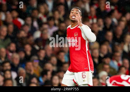 London, UK. 20th Sep, 2023. LONDON, UNITED KINGDOM - SEPTEMBER 20: Gabriel of Arsenal gestures during the UEFA Champions League Group B match between Arsenal and PSV at Emirates Stadion on September 20, 2023 in London, United Kingdom. (Photo by Hans van der Valk/Orange Pictures) Credit: Orange Pics BV/Alamy Live News Stock Photo