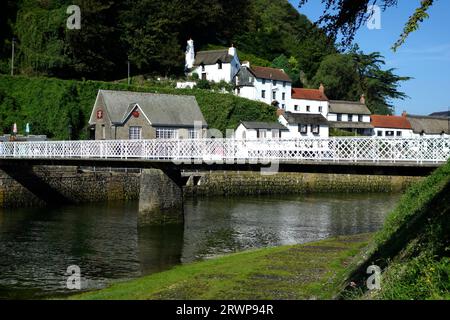 Metal Footbridge Over East Lyn River, Lynmouth, Exmoor National Park, Devon, England, UK in September Stock Photo