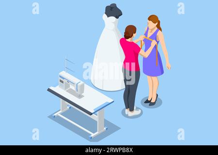 Isometric bride wearing her wedding gown with female dress designer. Tailor helps the bride with her wedding dress Stock Vector