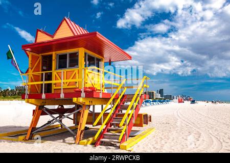 CITY OF MIAMI BEACH LIFEGUARD TOWER, 8th Street,Ocean Drive, Miami Beach: art deco district South Beach, Built in the mid 1990s after Hurricane Andrew Stock Photo