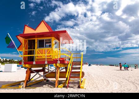 CITY OF MIAMI BEACH LIFEGUARD TOWER, 8th Street,Ocean Drive, Miami Beach: art deco district South Beach, Built in the mid 1990s after Hurricane Andrew Stock Photo