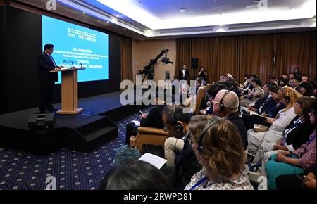 Rome, Italy. 20th Sep, 2023. Baima Chilin (1st L), president of the China Society for Human Rights Studies, delivers a speech during a seminar on human rights in Rome, Italy, on Sept. 20, 2023. Chinese and European specialists and officials gathered here for the seminar on human rights on Wednesday, focusing on China's path to modernization as well as on the diversity of human rights among different civilizations. Credit: Alberto Lingria/Xinhua/Alamy Live News Stock Photo