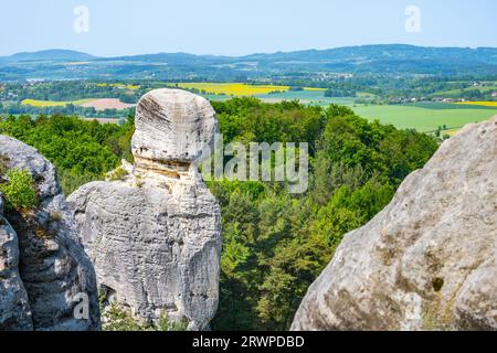 Panoramic view of a sandstone rock city in Bohemian Paradise, Czech: Cesky raj. The Skull, Czech: Lebka, rock tower in Hruba skala rock city town. Czech Republic Stock Photo