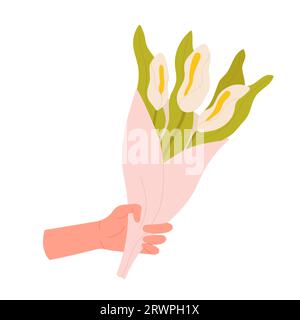 Hand with calla lily bouquet. Giving flowers gift, beautiful botanicals flora cartoon vector illustration Stock Vector