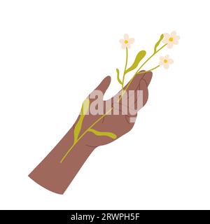Wild flower branch in human hand. Blooming summer flowers, forest flora cartoon vector illustration Stock Vector