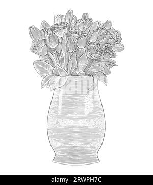 Tulip flowers in a vase, vintage engraving drawing style vector illustration Stock Vector