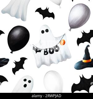 Watercolor seamless pattern with festive flags, cute ghosts, bats and balloons for halloween illustration. Hand painting postcard isolated on white ba Stock Photo