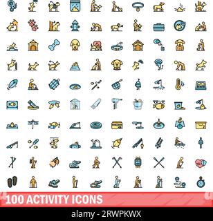 100 activity icons set. Color line set of activity vector icons thin line color flat on white Stock Vector