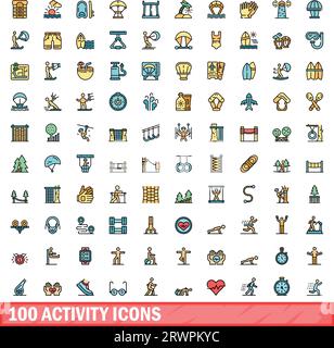 100 activity icons set. Color line set of activity vector icons thin line color flat on white Stock Vector