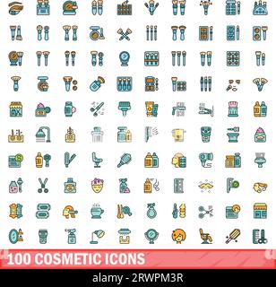 100 cosmetic icons set. Color line set of cosmetic vector icons thin line color flat on white Stock Vector