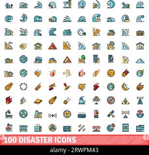 100 disaster icons set. Color line set of disaster vector icons thin line color flat on white Stock Vector