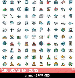 100 disaster icons set. Color line set of disaster vector icons thin line color flat on white Stock Vector