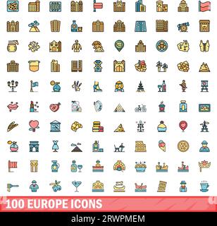 100 europe icons set. Color line set of europe vector icons thin line color flat on white Stock Vector