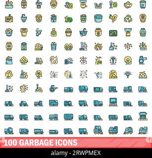 100 garbage icons set. Color line set of garbage vector icons thin line color flat on white Stock Vector
