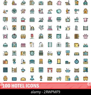 100 hotel icons set. Color line set of hotel vector icons thin line color flat on white Stock Vector