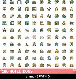 100 hotel icons set. Color line set of hotel vector icons thin line color flat on white Stock Vector