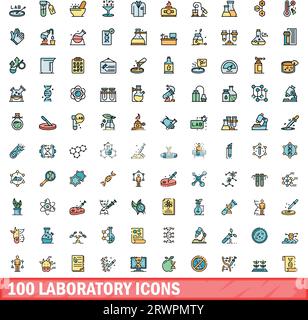 100 laboratory icons set. Color line set of laboratory vector icons thin line color flat on white Stock Vector