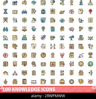 100 knowledge icons set. Color line set of knowledge vector icons thin line color flat on white Stock Vector