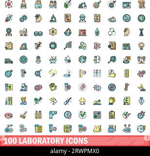 100 laboratory icons set. Color line set of laboratory vector icons thin line color flat on white Stock Vector