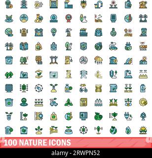 100 nature icons set. Color line set of nature vector icons thin line color flat on white Stock Vector