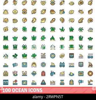 100 ocean icons set. Color line set of ocean vector icons thin line color flat on white Stock Vector