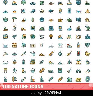 100 nature icons set. Color line set of nature vector icons thin line color flat on white Stock Vector