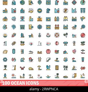 100 ocean icons set. Color line set of ocean vector icons thin line color flat on white Stock Vector