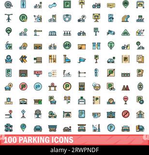 100 parking icons set. Color line set of parking vector icons thin line color flat on white Stock Vector