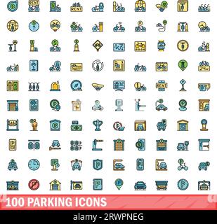 100 parking icons set. Color line set of parking vector icons thin line color flat on white Stock Vector