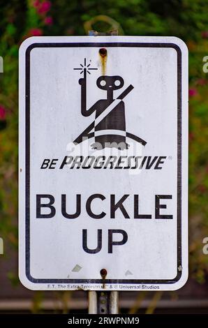 A rare E.T. Progressive Insurance buckle up street sign is pictured outside Nan Gray Davis Elementary School, Aug. 26, 2023, in Theodore, Alabama. Stock Photo