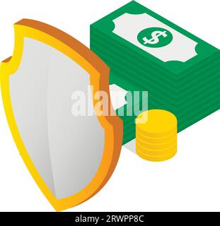 Financial insurance icon isometric vector. Dollar bill and coin behind shield. Business insurance, protecting money Stock Vector