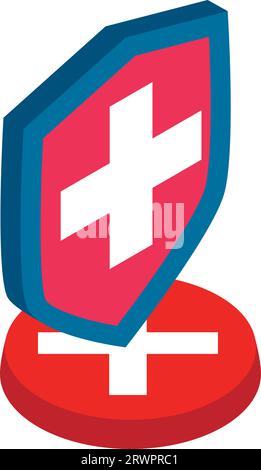 Not protected icon isometric vector. Shield with white cross on red button icon. Guarantee, protection concept Stock Vector