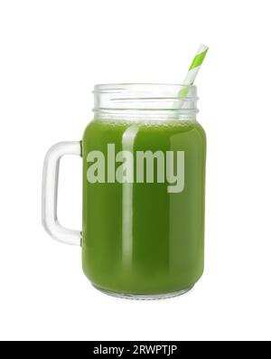 Fresh celery juice in mason jar on white background Stock Photo
