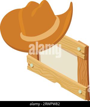 Cowboy headdress icon isometric vector. Brown leather cowboy hat on wooden board. Wild west symbol Stock Vector