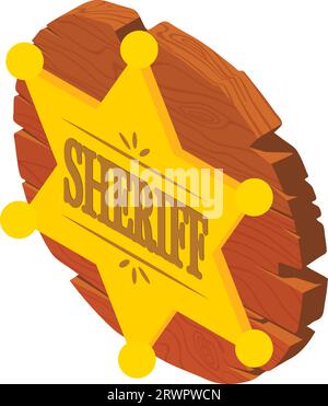Sheriff attribute icon isometric vector. Golden sheriff badge on wooden board. Texas symbol, wild west Stock Vector
