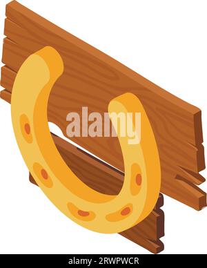 Old horseshoe icon isometric vector. Big golden horseshoe on wooden board icon. Wild west concept Stock Vector