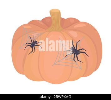 Halloween pumpkin with two black spiders, vector color illustration Stock Vector