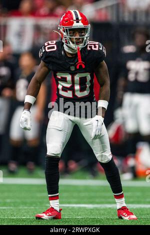 Atlanta Falcons cornerback Dee Alford (20) works during the