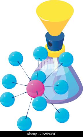 Original perfume icon isometric vector. Bottle of perfume and molecule symbol. Parfum de toilette, fruity aroma, perfumery Stock Vector