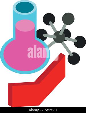 Science concept icon isometric vector. Chemical flask, molecule model and arrow. Study, research, experiment Stock Vector