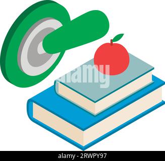 Education symbol icon isometric vector. Red apple on stack of book and switch up. Knowledge, learning, education Stock Vector