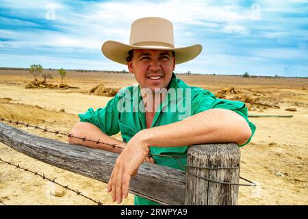 Australian sheep farmer and grazier on his drought affected property in Queensland Stock Photo