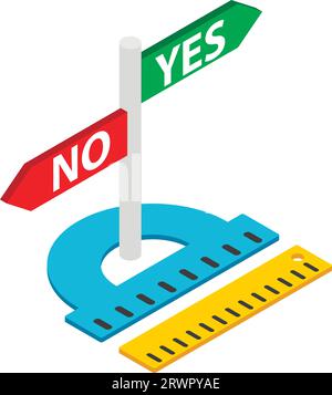 Measurement concept icon isometric vector. Protractor near ruler and road sign. Measuring, choice Stock Vector
