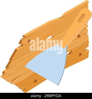 Renovation work icon isometric vector. Putty knife instrument and wooden board. Construction and repair concept Stock Vector